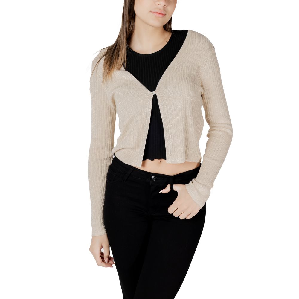 Woman wearing Morgan De Toi Gold Viscose Sleveless Jacket with cropped design and single button closure, enhancing elegance and sophistication.