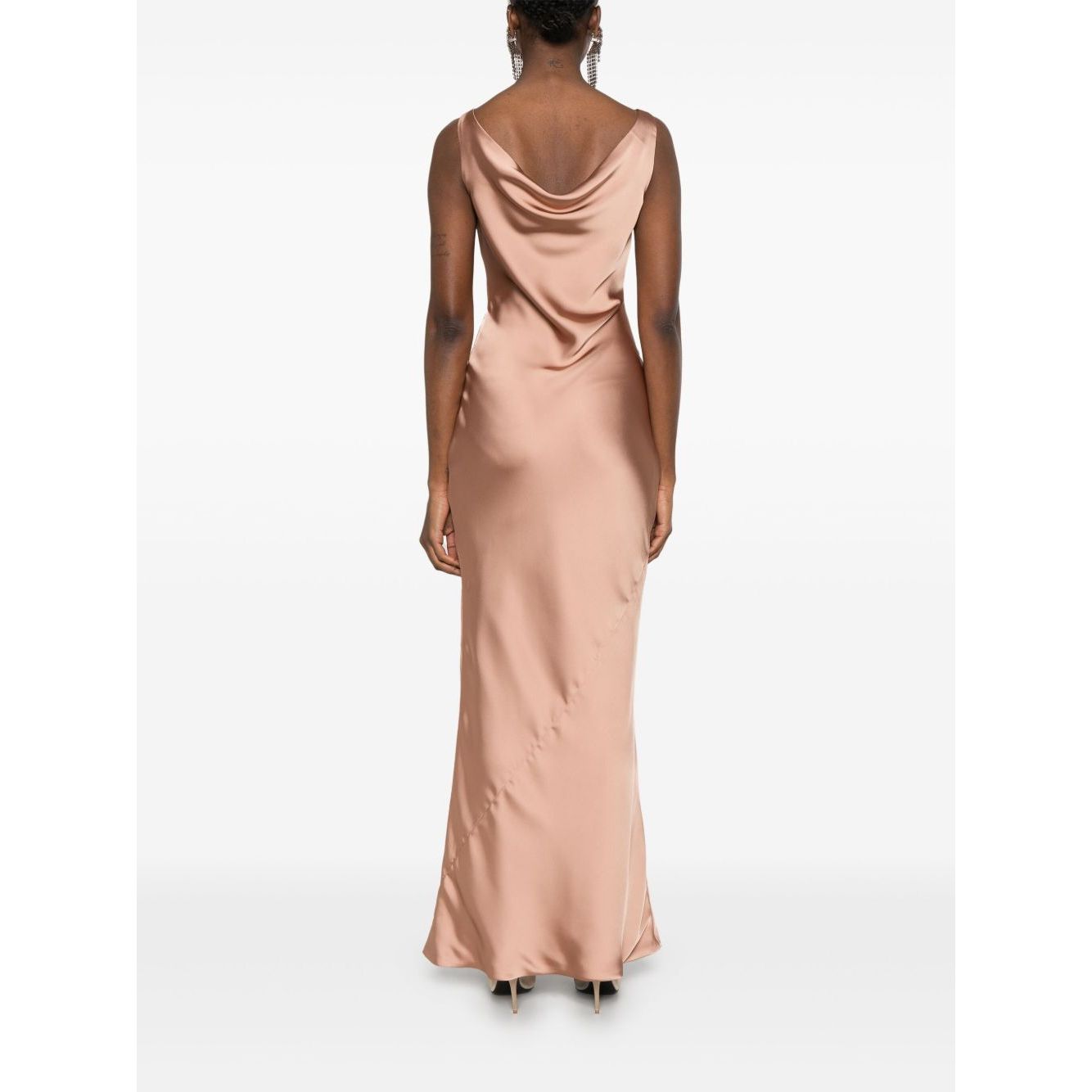 Back view of Maria gown in golden brown with cowl neck and flared hem, Norma Kamali Dresses Beige, sleeveless and full lining.