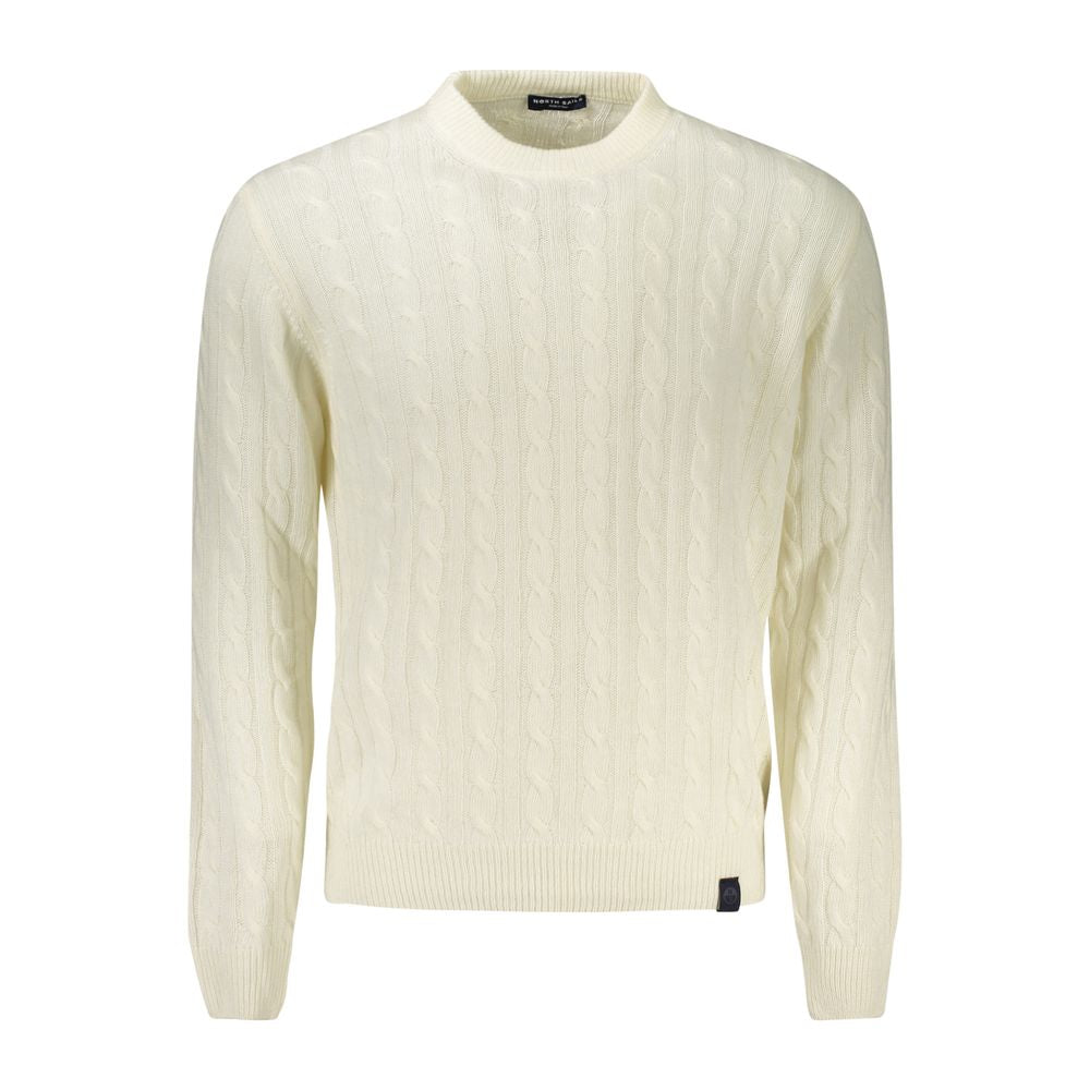 North Sails White Wool Men SweaterElevate your wardrobe with a touch of opulence from North Sails. This striking white sweater epitomizes effortless style, featuring long sleeves and a classic crew neck, accented with subtle twists and a distinguished log
