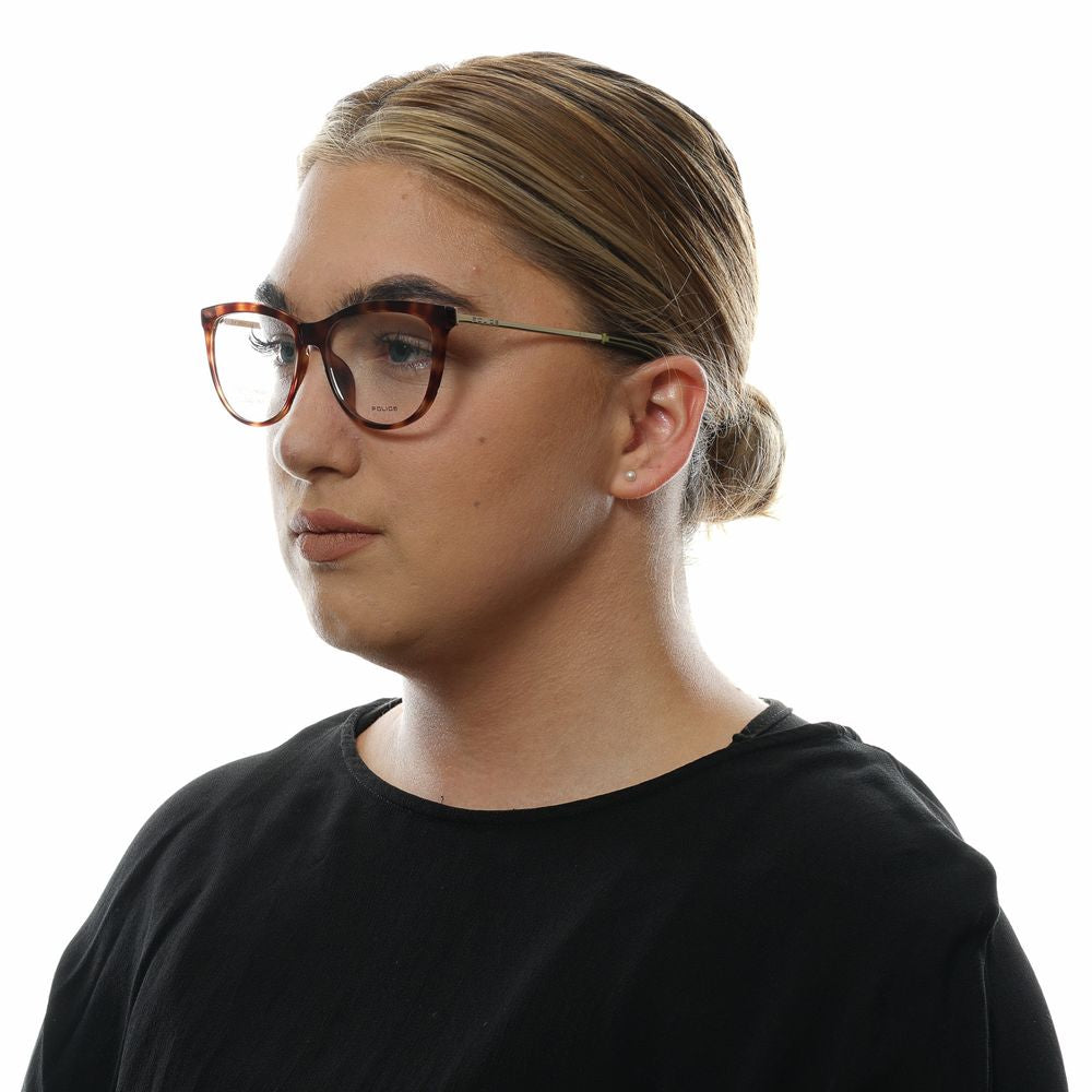 Woman wearing Police Brown Metal & Plastic Glasses (Frames) in a side profile view.