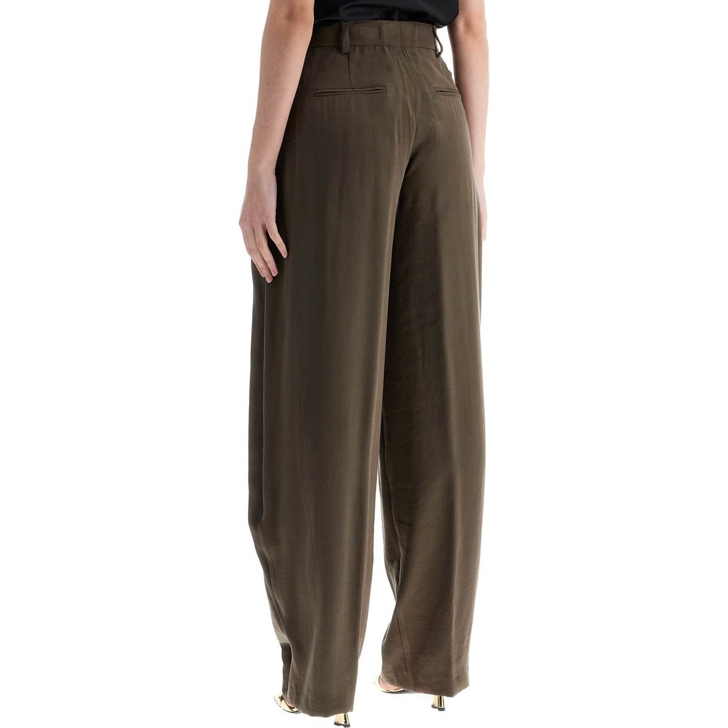 THE ANDAMANE khaki wide leg viscose trousers with front pleats