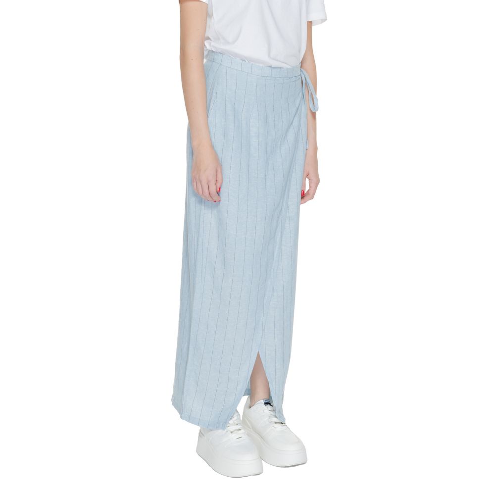 Vero Moda Light Blue Linen Long Skirt with side tie closure and subtle pinstripes, perfect for spring and summer.