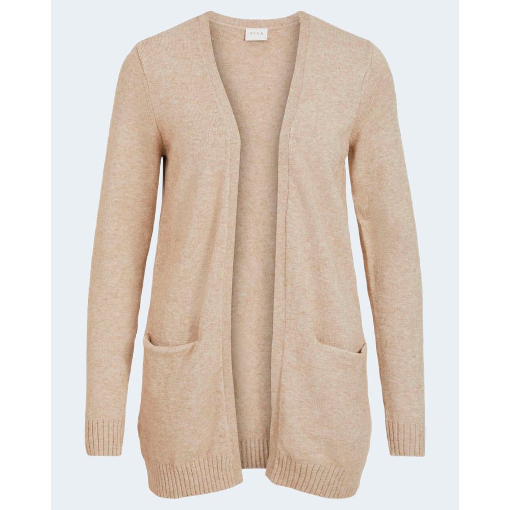 Vila Clothes Beige Viscose Cardigan with side pockets, perfect for layering and comfort.
