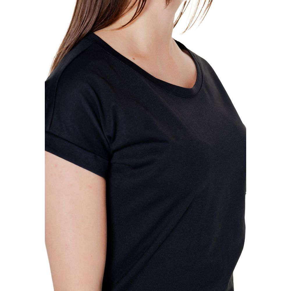 Vila Clothes Black Cotton T-Shirt with round neckline and rolled-up sleeves, showcasing comfort and everyday style for women.