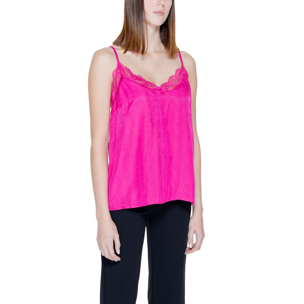 VIMIRINA JACQUARD SINGLET in bright pink by Vila Clothes, made of viscose with lace neckline, elegant women's Vila Clothes Pink Viscose Tank Tops.
