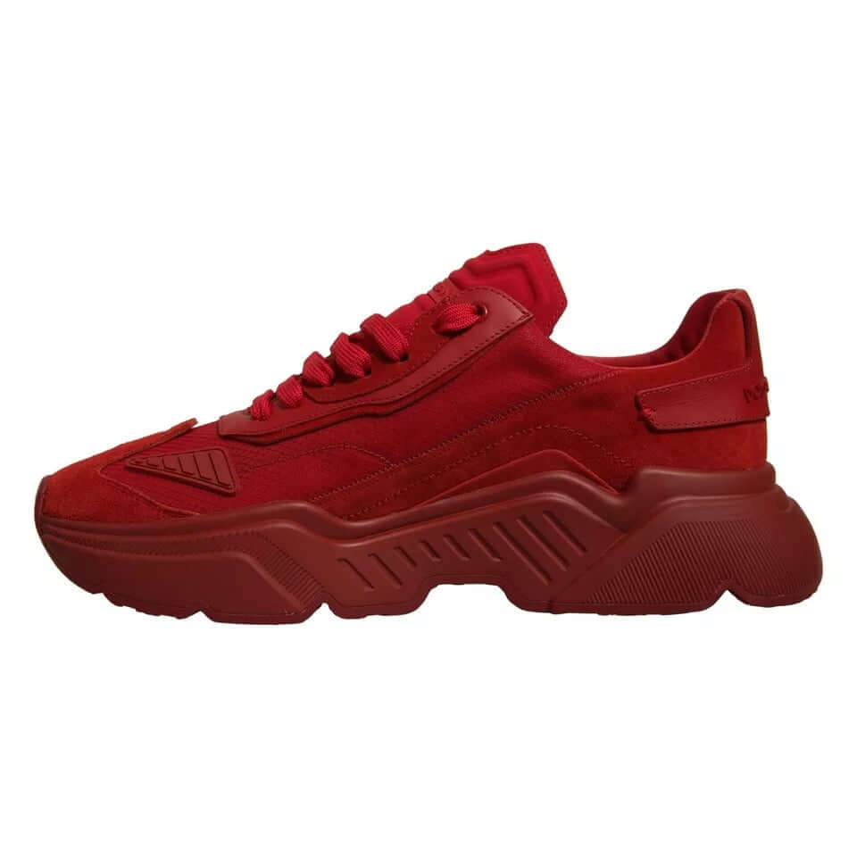 Dolce & Gabbana red leather DAYMASTER low top sneakers with rubber sole, mismatched sizes, stylish design.
