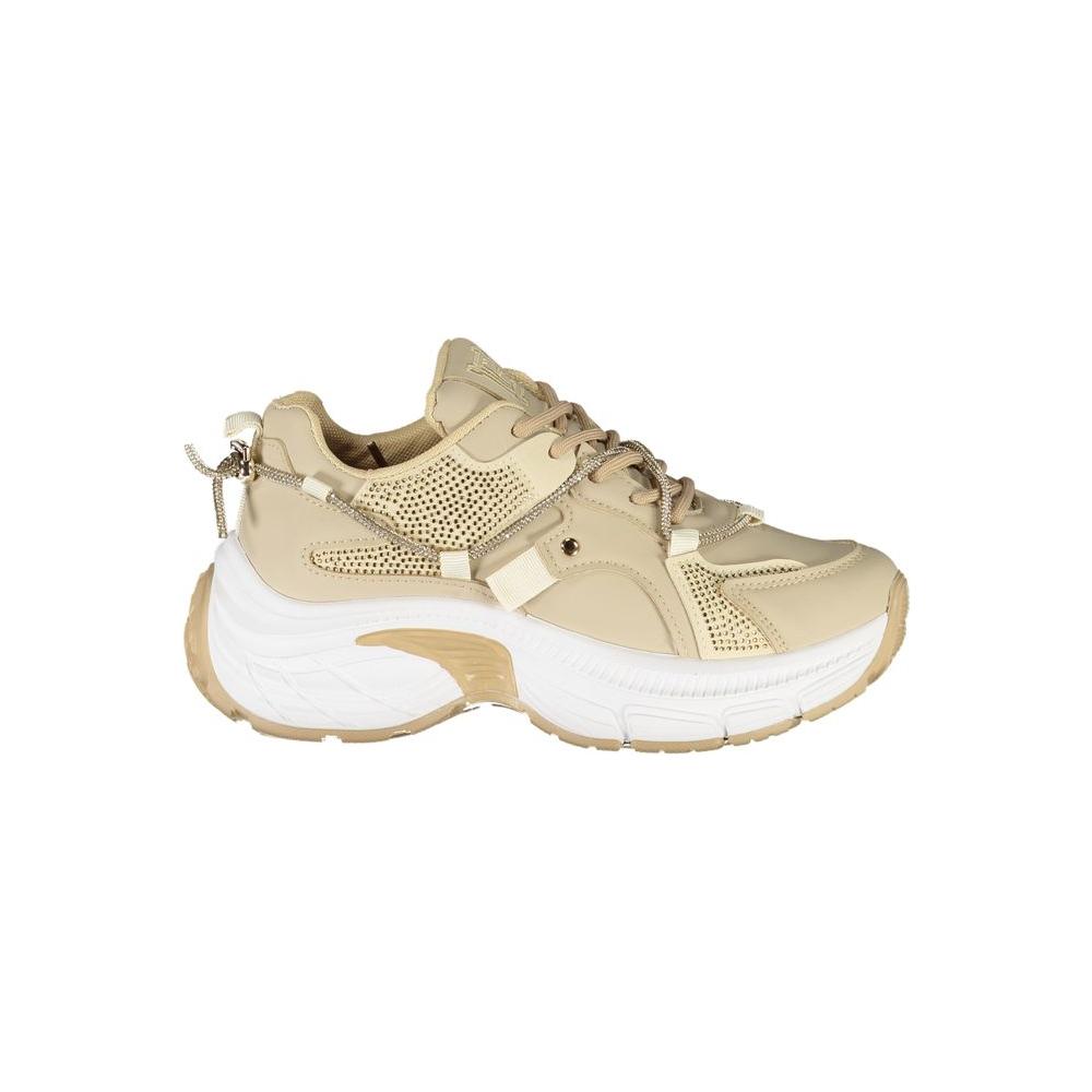 Laura Biagiotti beige polyester women's sneakers with nubuck texture, rhinestones, and a 5 cm platform for style and comfort.