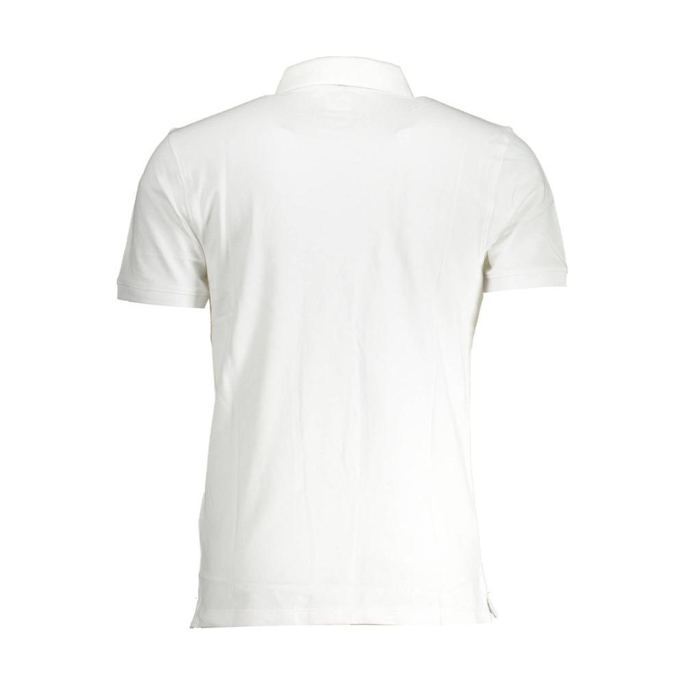 Back view of Levi's white cotton men's polo showcasing the classic short sleeves and sleek silhouette in a stylish design.