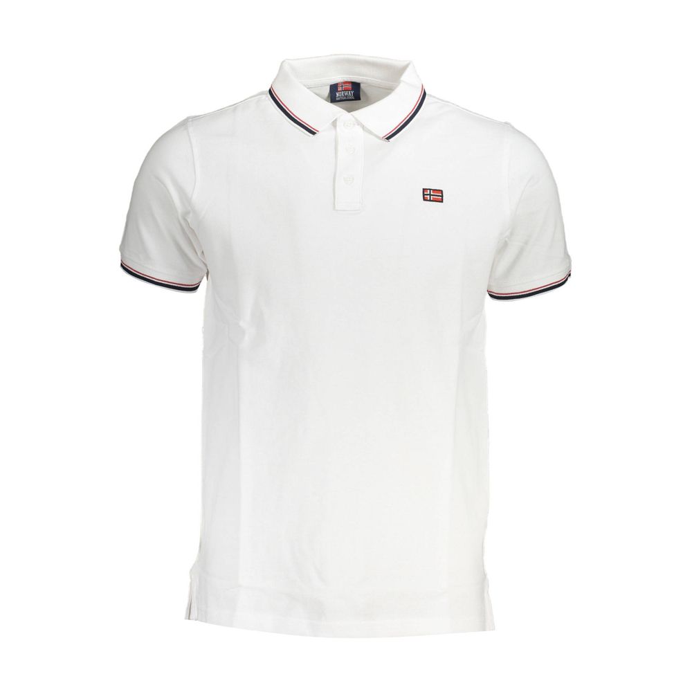 White cotton Norway 1963 men's polo shirt with short sleeves and logo, featuring classic style and modern flair for versatile fashion.