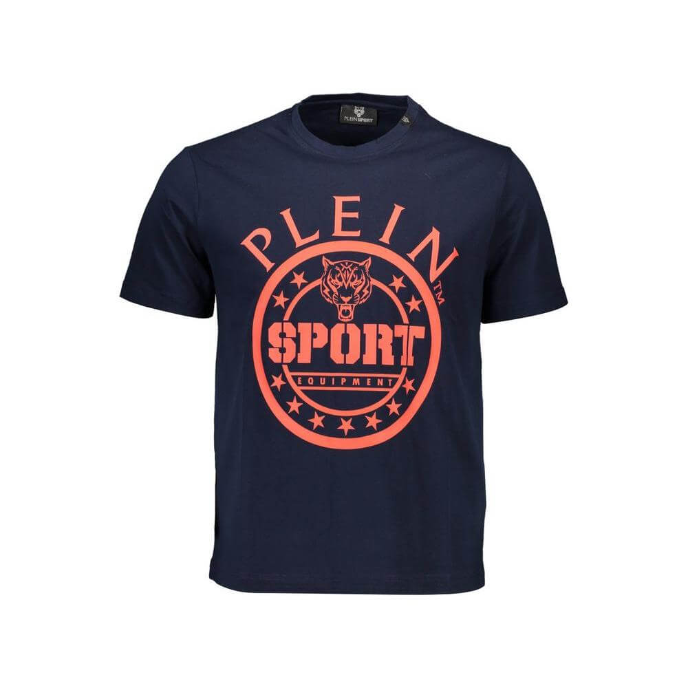 Plein Sport blue cotton men's T-shirt with bold logo and contrasting details, perfect for modern trendsetters seeking high-end style.