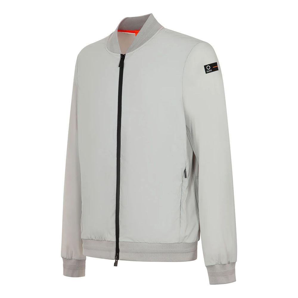 Suns Gray Nylon Men's Jacket with 4-pocket design and elasticated cuffs, made from stretch nylon-spandex blend for chic and functional style.