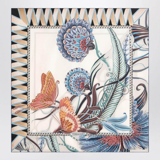 Ferragamo Ivory/blue silk scarf with Giada print