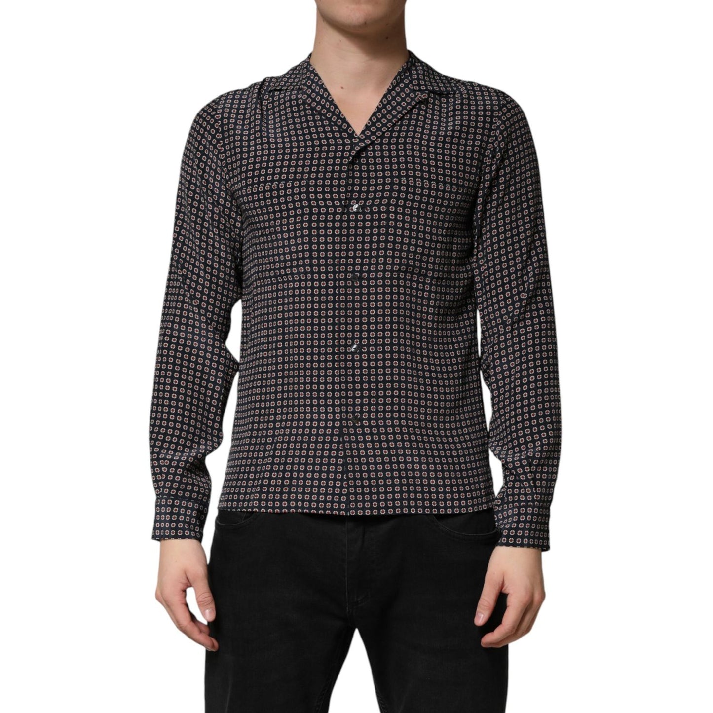 Dolce & Gabbana Black Patterned Silk Men Button Down Shirt