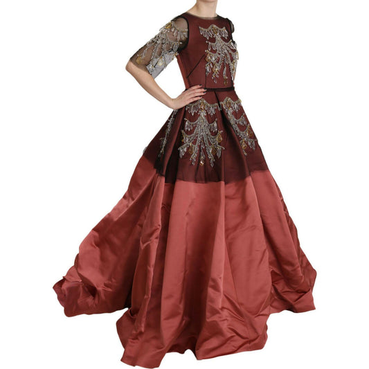Dolce & Gabbana Elegant Crystal Embellished Silk Gown Dolce & Gabbana Saddle Brown
