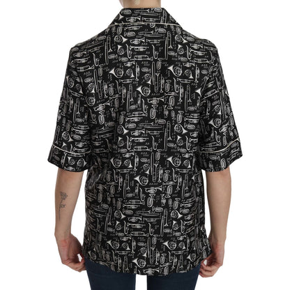 Dolce & Gabbana Black Musical Instrument Print Silk Top