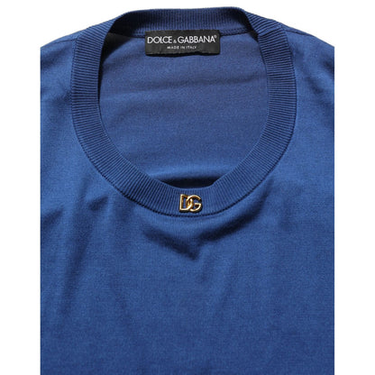 Dolce & Gabbana Blue Silk DG Logo Crew Neck Pullover Sweater