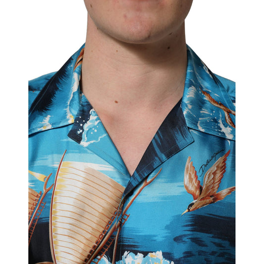Dolce & Gabbana Blue Silk Twill Hawaiian GraphicPrint Shirt