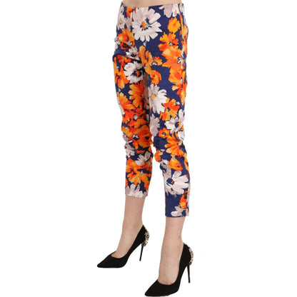 LANACAPRINA Blue Floral Print Skinny Slim Fit Trousers Pants