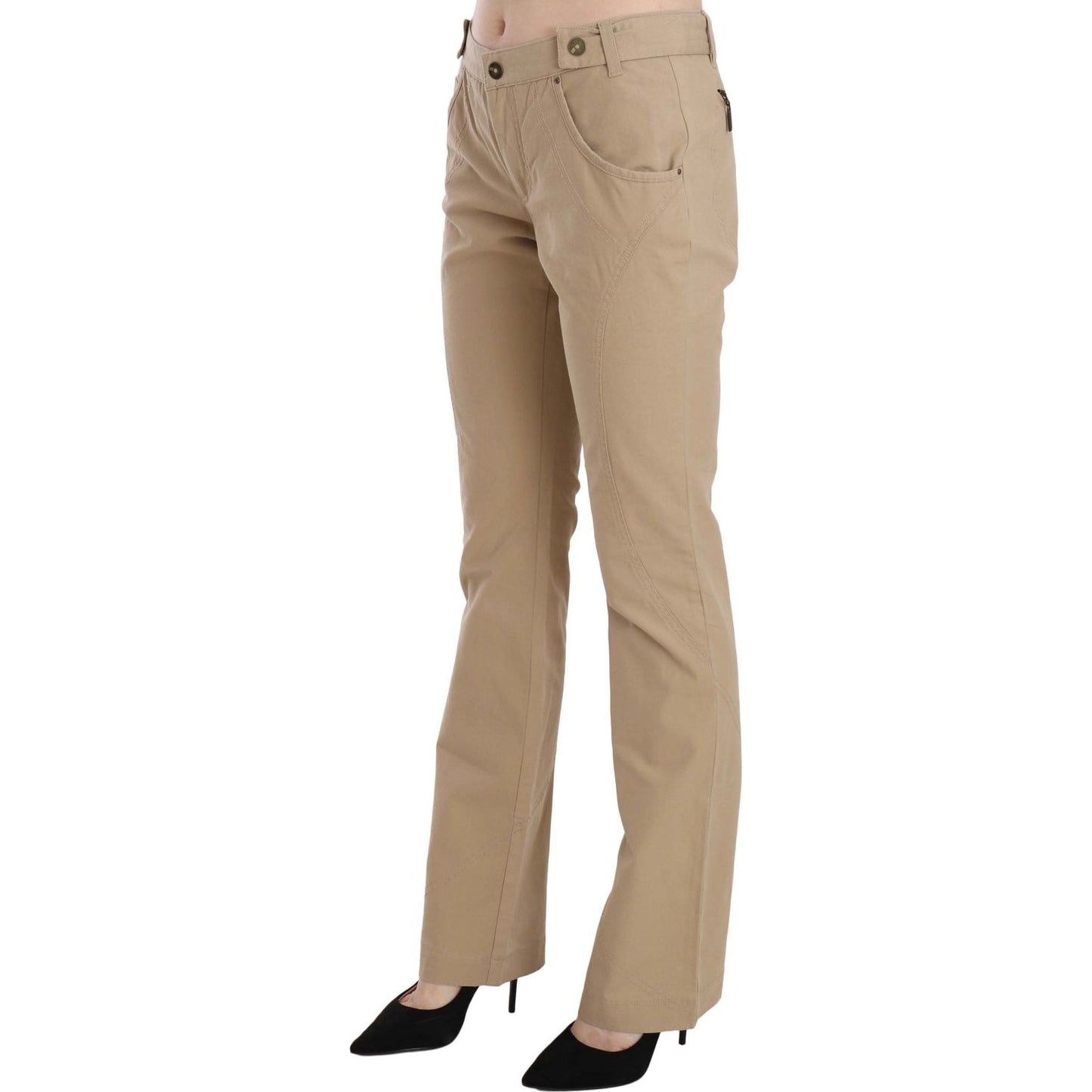 Just Cavalli Beige Cotton Mid Waist Straight Trousers Pants