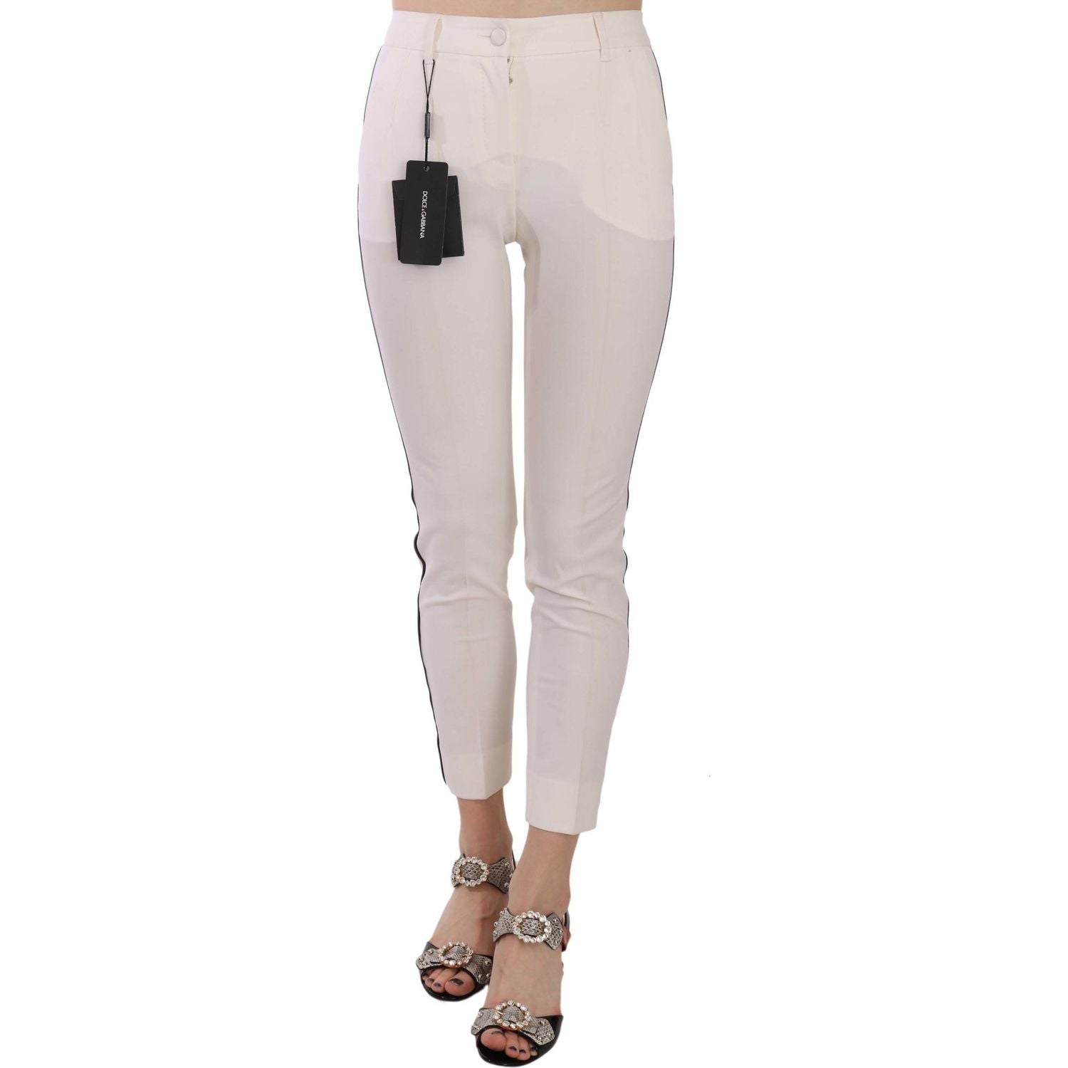 Dolce & Gabbana White Side Stripe Cropped Skinny Pants