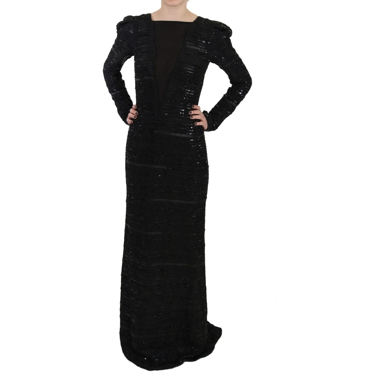 John Richmond Black Silk Full Length Sequined Gown Dress