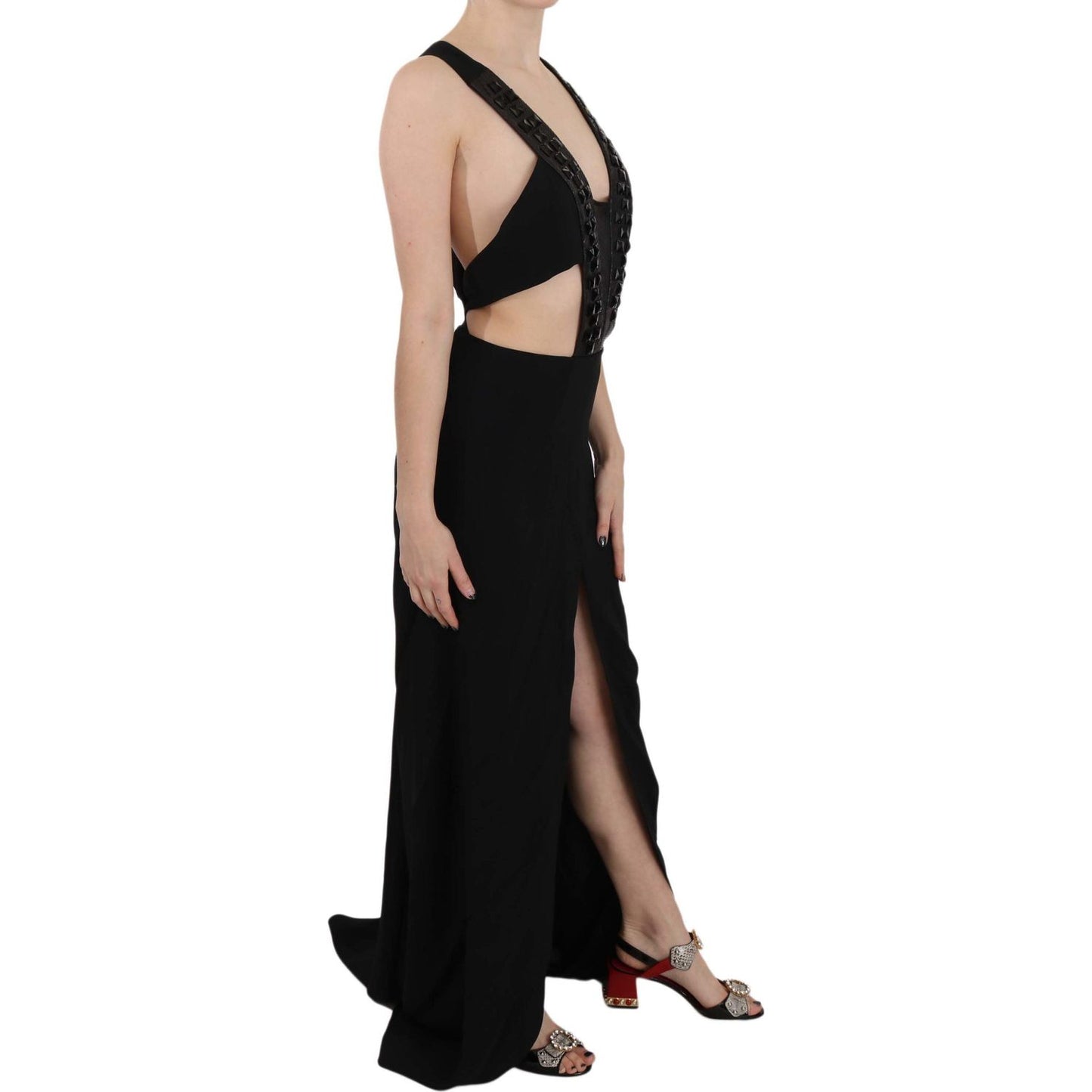 John Richmond Black Crystal Leather Gown Flare Dress Dresses