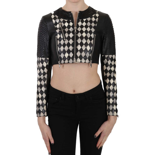 John Richmond Black White Leather Short Cropped Biker Jacket Coat Coats & Jackets