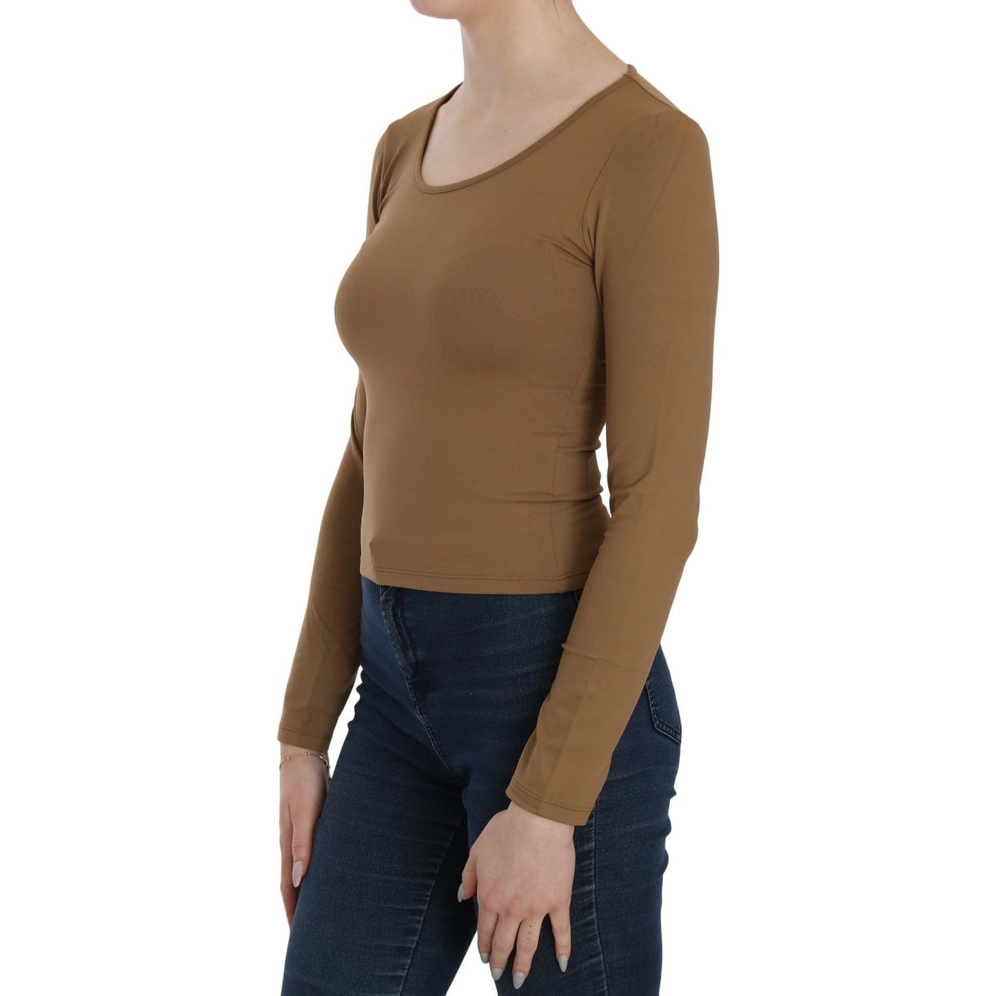 GF Ferre Brown Long Round Neck Sleeve Fitted Shirt Tops Blouse