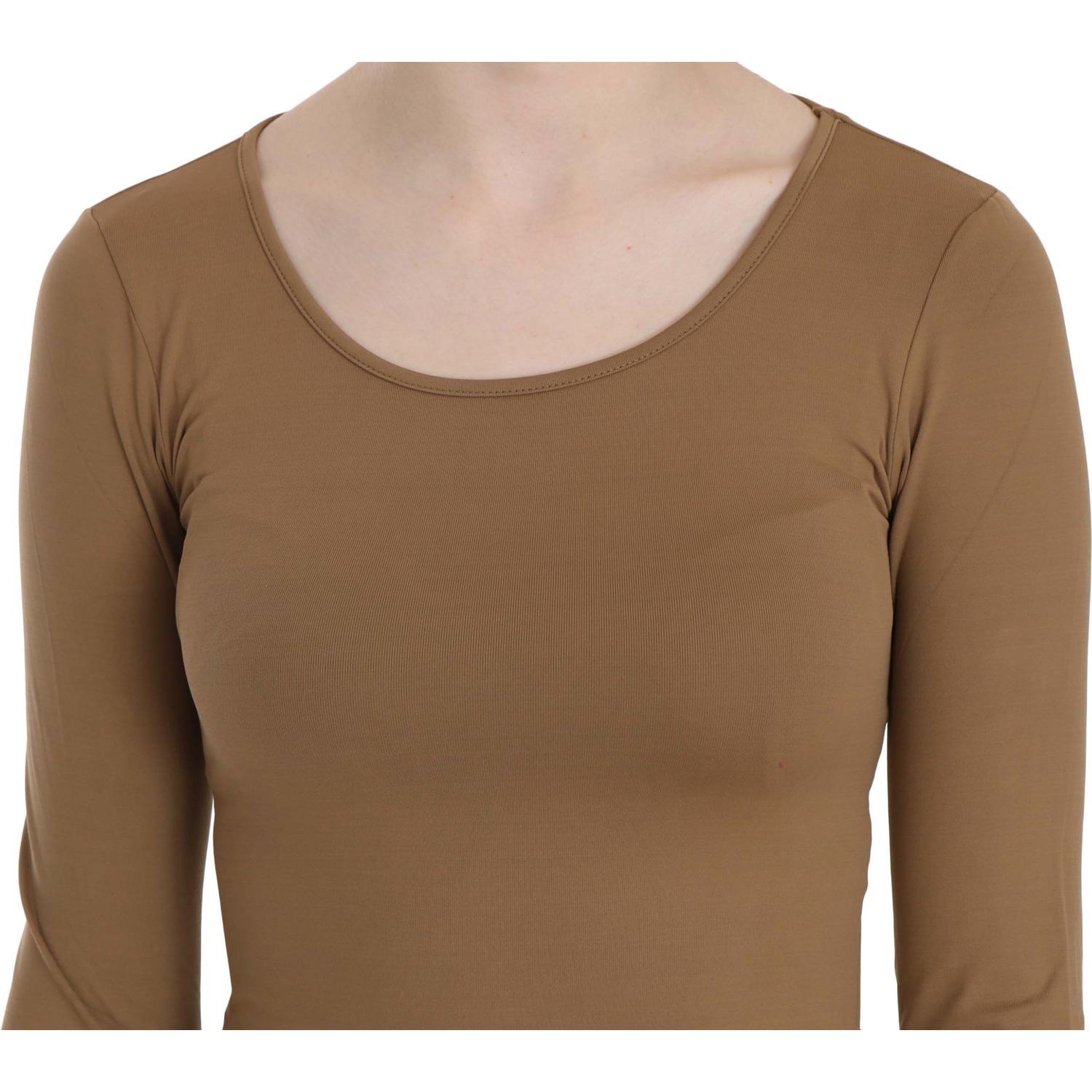 GF Ferre Brown Long Round Neck Sleeve Fitted Shirt Tops Blouse