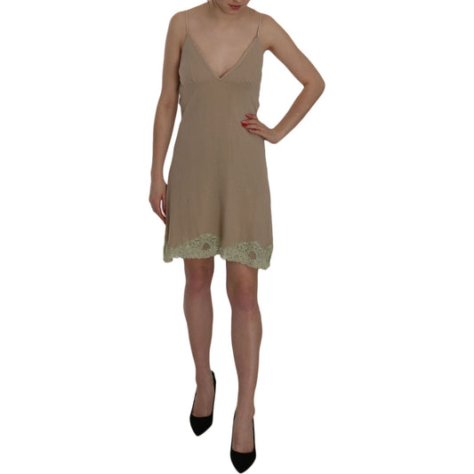 PINK MEMORIES Elegant Beige Lace Spaghetti Strap Mini Dress PINK MEMORIES Dim Gray