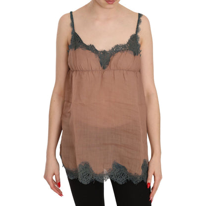 PINK MEMORIES Brown Lace Spaghetti Strap Tank Top Blouse