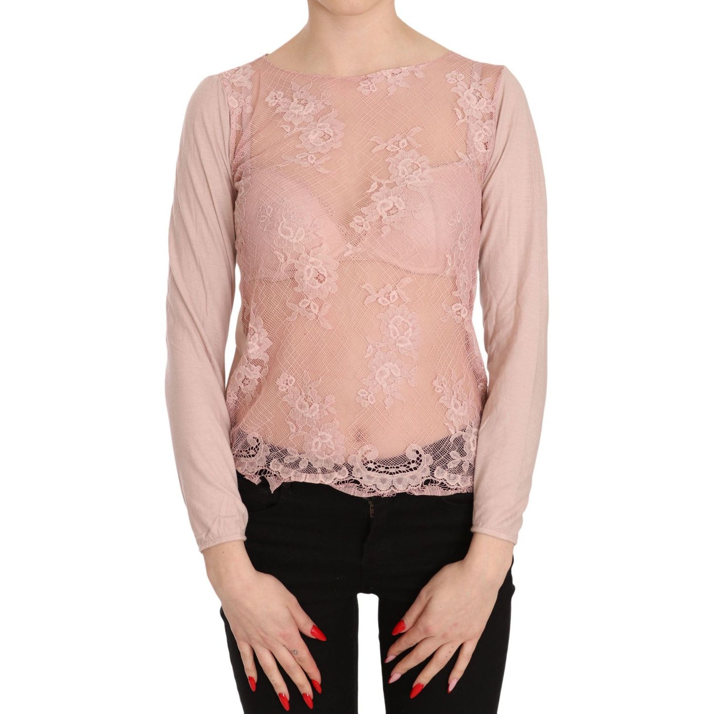 PINK MEMORIES Pink Lace See Through Long Sleeve Top Blouse