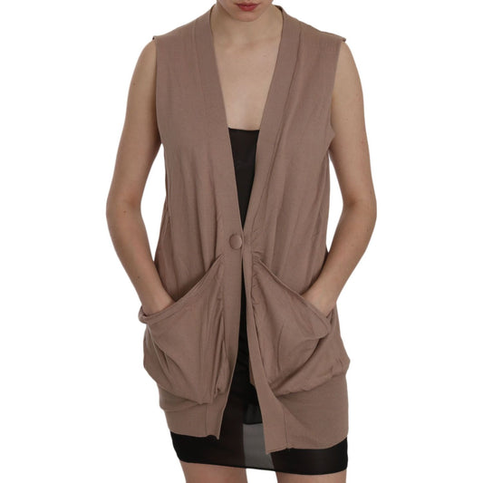 PINK MEMORIES Chic Sleeveless Cotton Cardigan Vest - Elegant Brown PINK MEMORIES Dim Gray