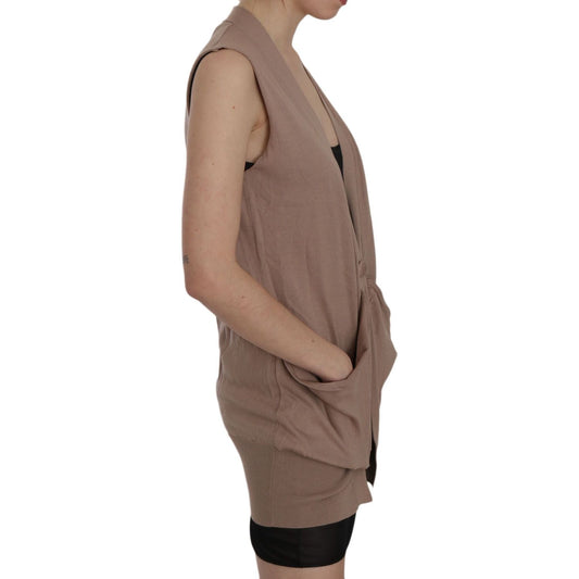 PINK MEMORIES Chic Sleeveless Cotton Cardigan Vest - Elegant Brown PINK MEMORIES Dim Gray