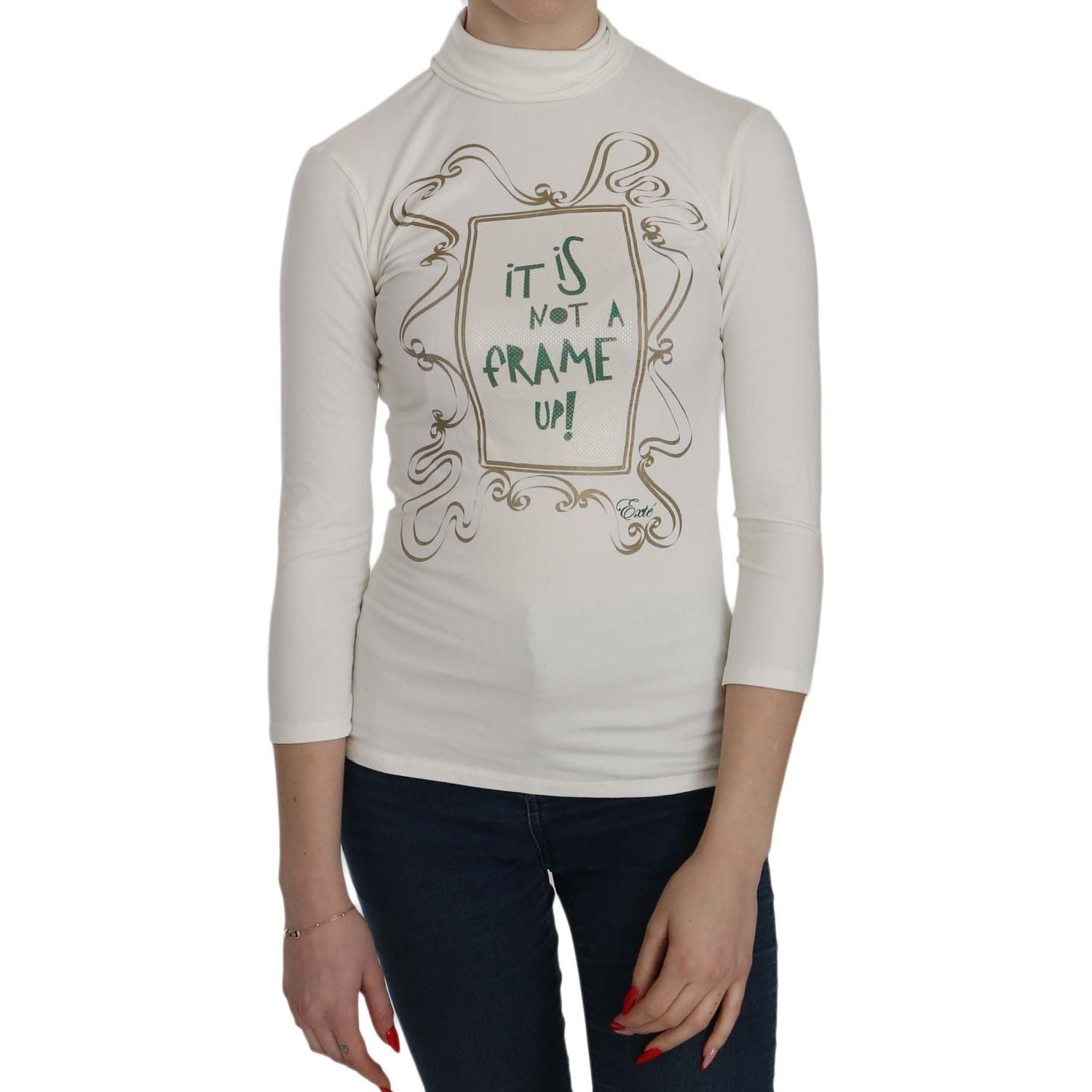 Exte White Printed Turtle Neck 3/4 Sleeve Top Cotton Blouse