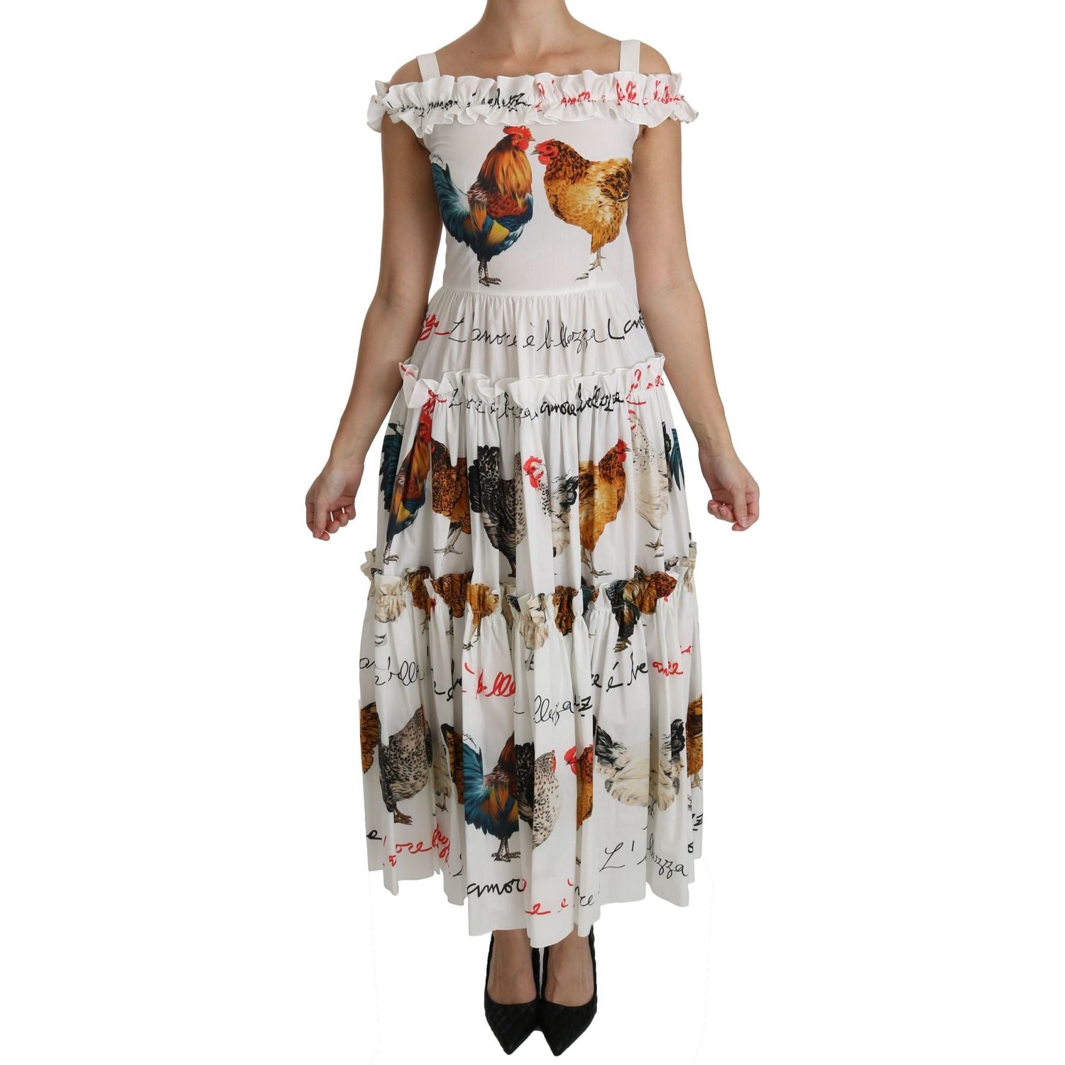 Dolce & Gabbana White Rooster Sheath Midi Cotton Dress