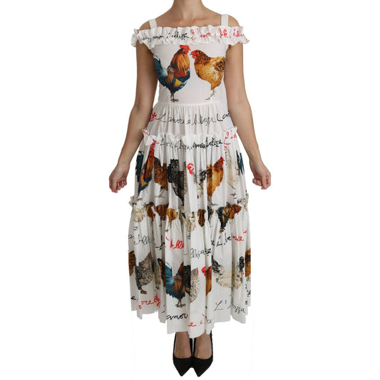 Dolce & Gabbana Elegant White Rooster Print Sheath Midi Dress Dolce & Gabbana Gray