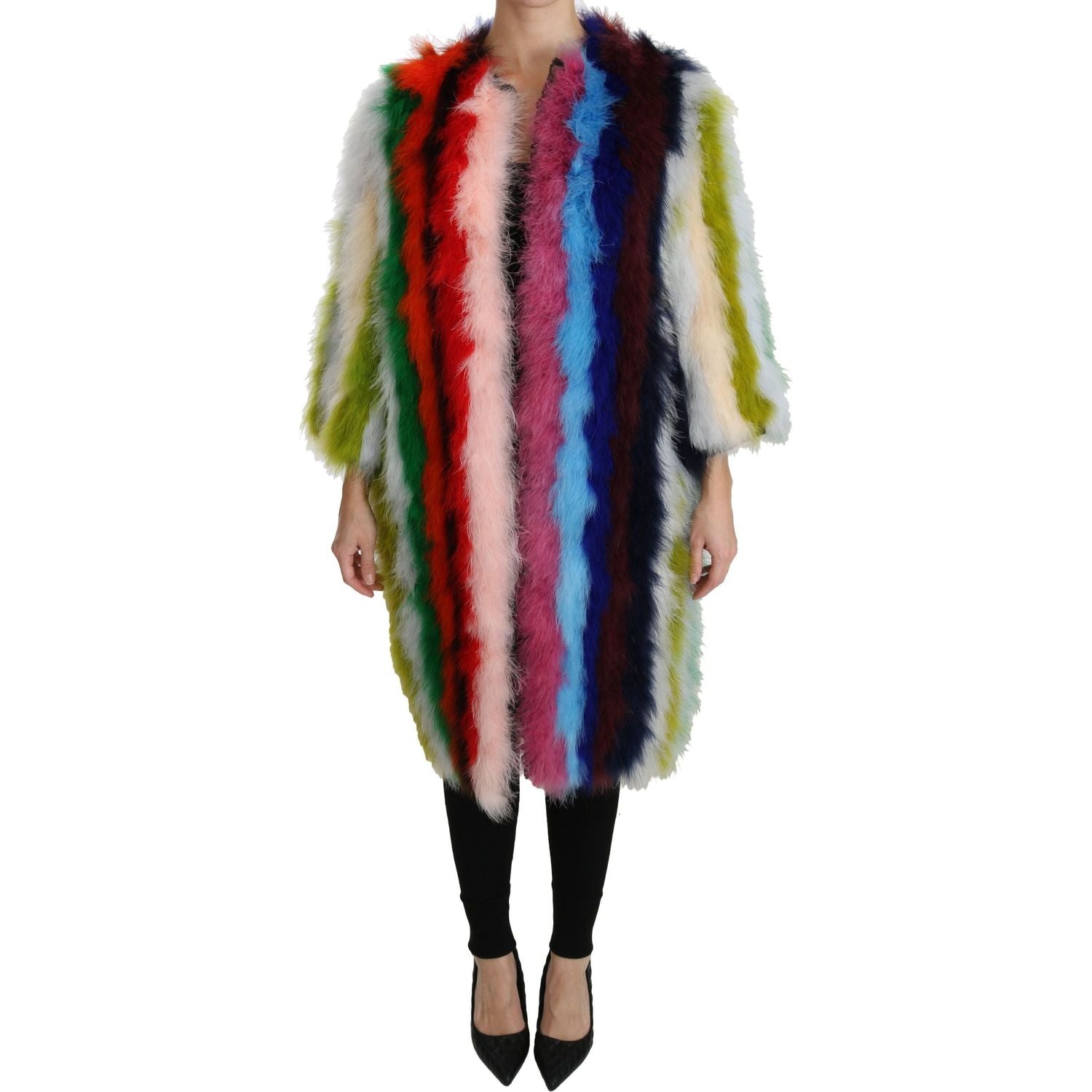 Dolce & Gabbana Multicolor Turkey Feather Cape Fur Coat