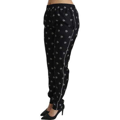 Dolce & Gabbana Black Printed Mid Waist Skinny Silk Pants