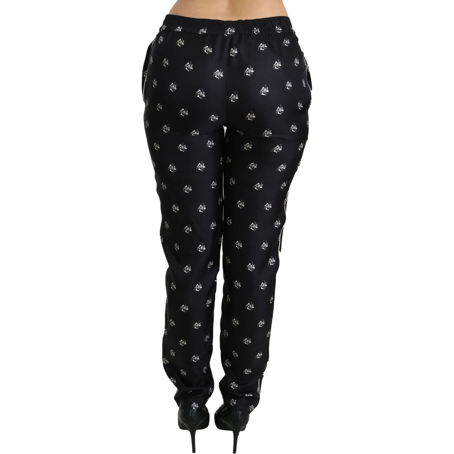 Dolce & Gabbana Black Printed Mid Waist Skinny Silk Pants