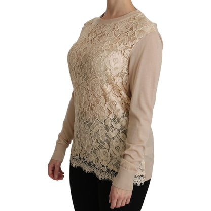 Dolce & Gabbana Beige Lace Long Sleeve Top Cashmere Blouse
