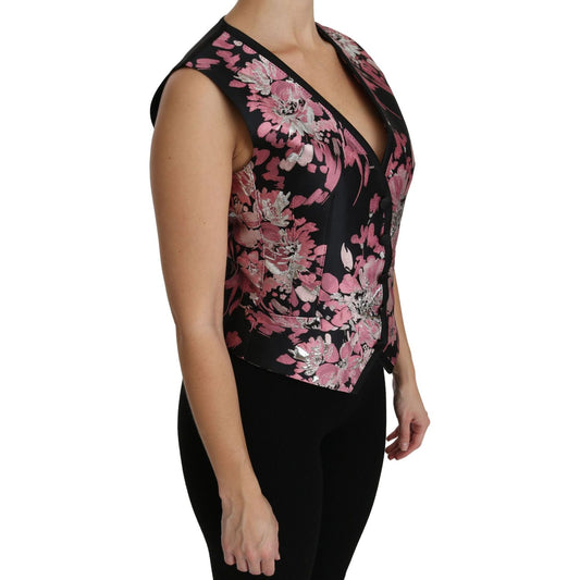Dolce & Gabbana Elegant Floral Brocade Plunging Vest Top Dolce & Gabbana Black