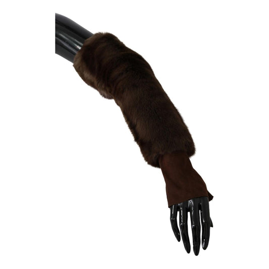 Dolce & Gabbana Elegant Brown Fur & Leather Elbow-Length Gloves Dolce & Gabbana Black
