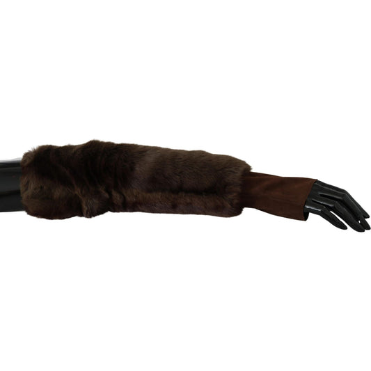 Dolce & Gabbana Elegant Brown Fur & Leather Elbow-Length Gloves Dolce & Gabbana Black