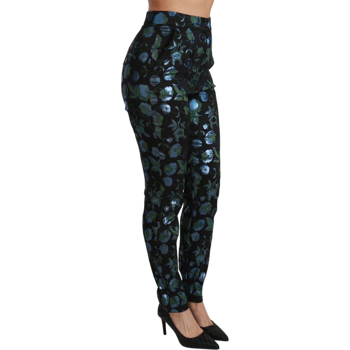 Dolce & Gabbana Blue Green Floral Metallic Slim Pants
