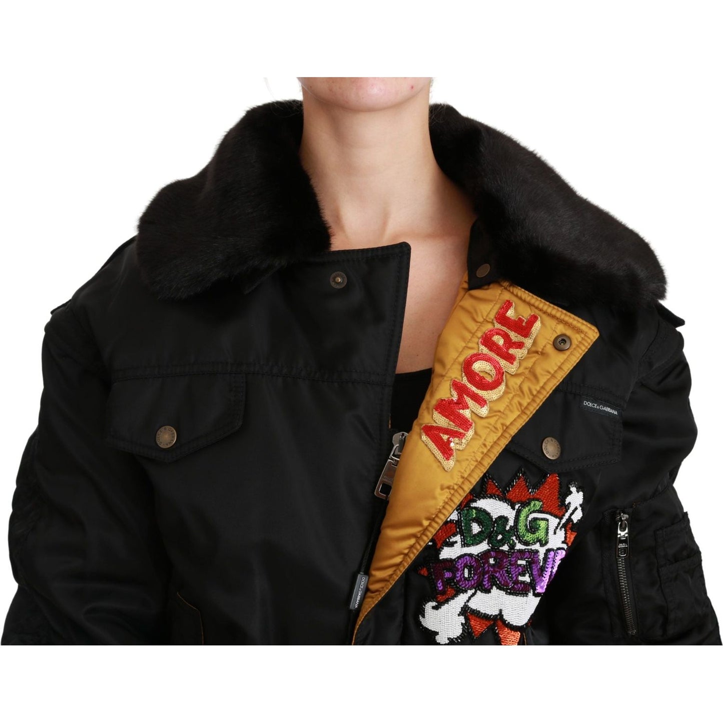 Dolce & Gabbana Black Queen Crown Sequined Bomber Jacket