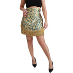 Dolce & Gabbana Blue High Waist Jacquard Tassel Gold Skirt