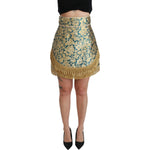Dolce & Gabbana Blue High Waist Jacquard Tassel Gold Skirt