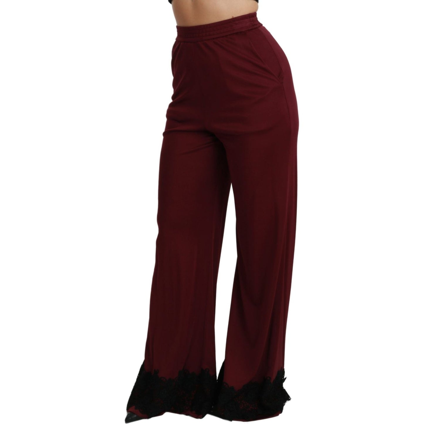 Dolce & Gabbana Black Lace High Waist Wide Leg Maroon Pants