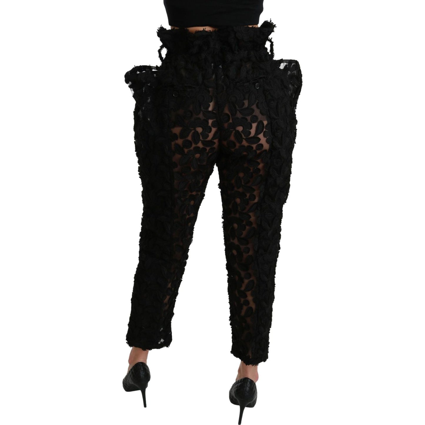Dolce & Gabbana Black Floral Lace Tapered High Waist Pants